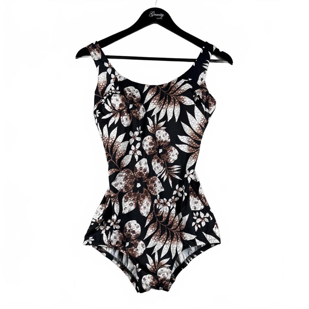 Women's Floral Black Brown White One-Piece Swimsuit with Adjustable Straps‎